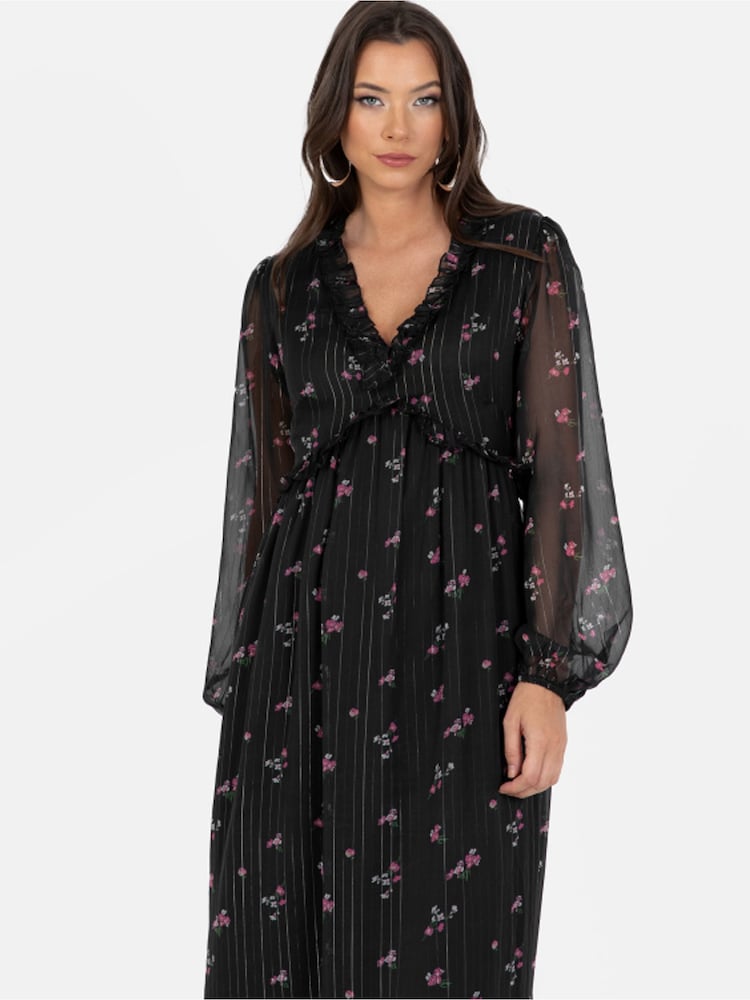 Lovedrobe Print Floral Frill Detail Black Midaxi Dress - Image 3 of 3 Lovedrobe Print Floral Frill Detail Black Midaxi Dress - Image 3 of 3