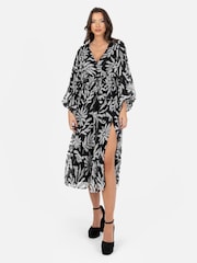 Lovedrobe Floral Balloon Sleeve Black Midi Dress - Image 1 of 4