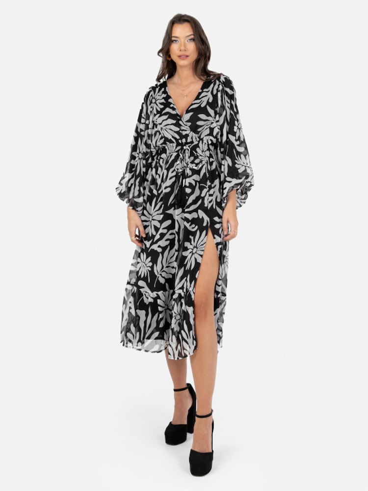 Lovedrobe Floral Balloon Sleeve Black Midi Dress - Image 1 of 4