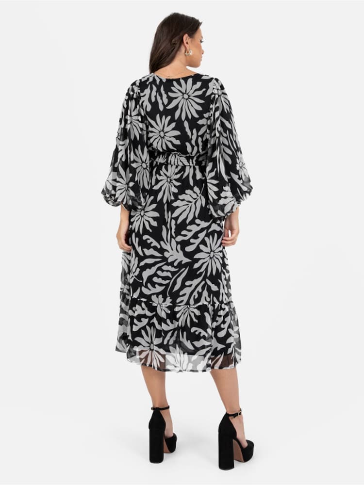 Lovedrobe Floral Balloon Sleeve Black Midi Dress - Image 2 of 4