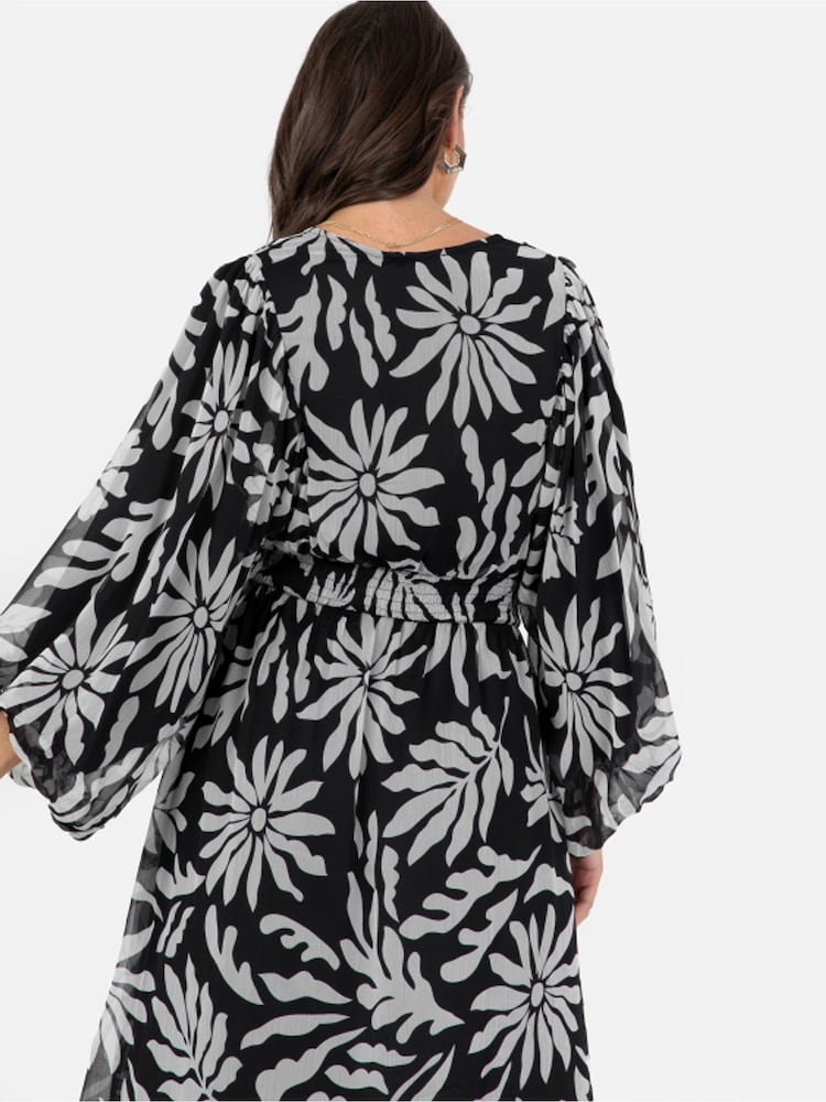 Lovedrobe Floral Balloon Sleeve Black Midi Dress - Image 4 of 4