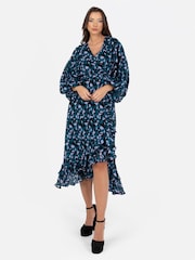 Lovedrobe Blue Printed Ruffle Detail Midi Dress - Image 1 of 4