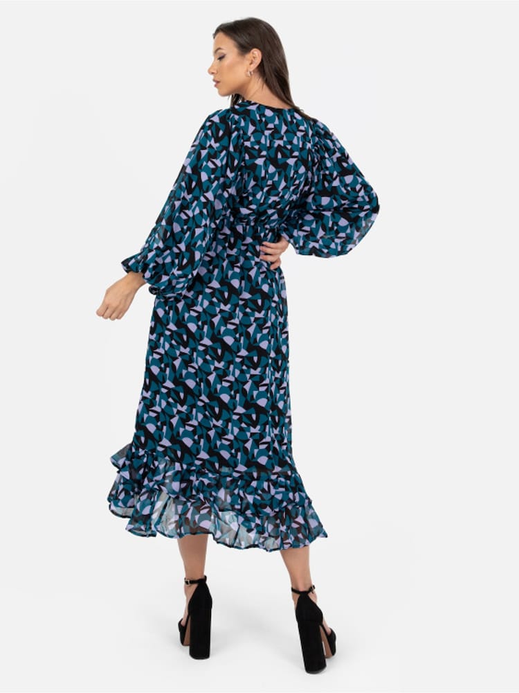 Lovedrobe Blue Printed Ruffle Detail Midi Dress - Image 2 of 4 Lovedrobe Blue Printed Ruffle Detail Midi Dress - Image 2 of 4