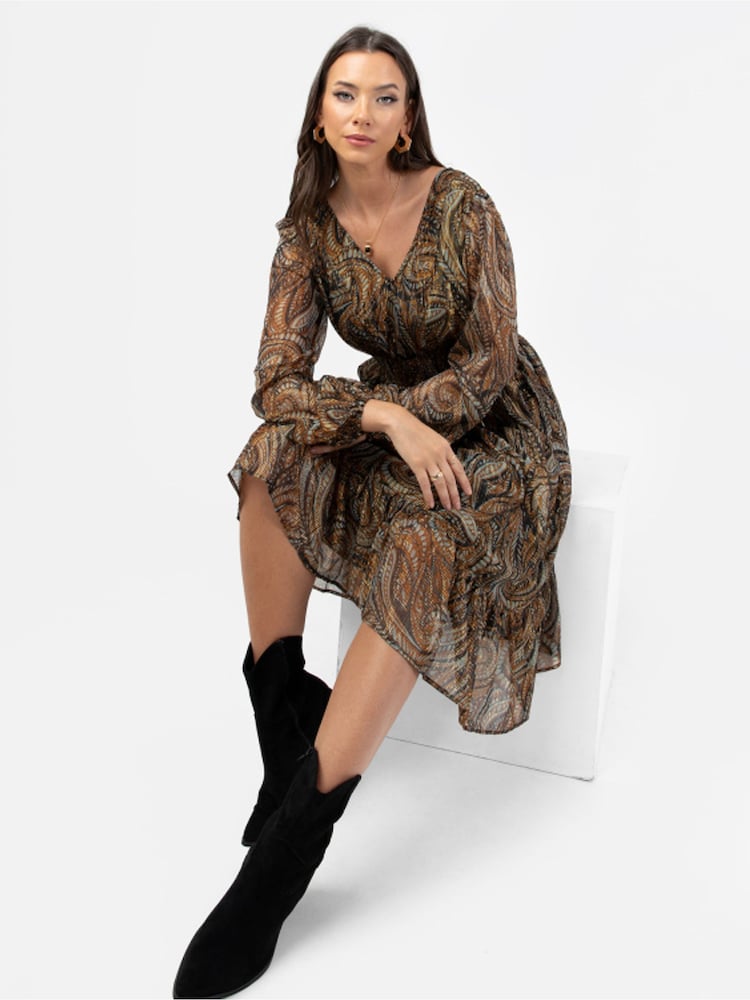 Lovedrobe Brown Printed Shirred Waist Midi Dress - Image 2 of 6