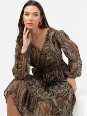 Lovedrobe Brown Printed Shirred Waist Midi Dress - Image 5 of 6
