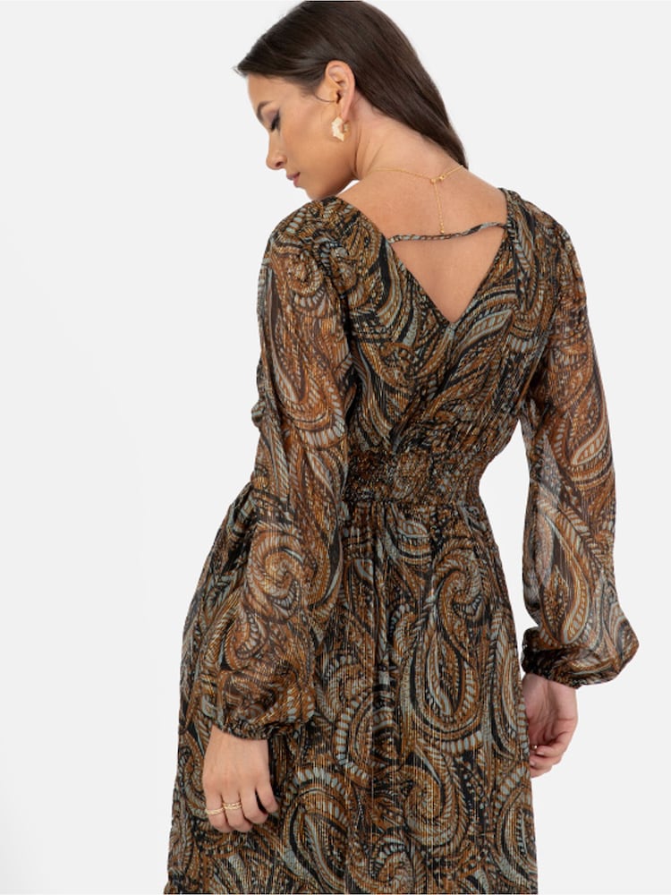 Lovedrobe Brown Printed Shirred Waist Midi Dress - Image 6 of 6