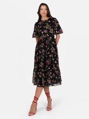 Lovedrobe Floral Print Puff Sleeve Black Midi Dress - Image 1 of 5