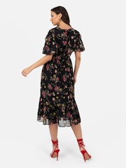 Lovedrobe Floral Print Puff Sleeve Black Midi Dress - Image 2 of 5