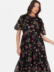 Lovedrobe Floral Print Puff Sleeve Black Midi Dress - Image 4 of 5