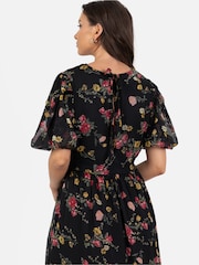 Lovedrobe Floral Print Puff Sleeve Black Midi Dress - Image 5 of 5