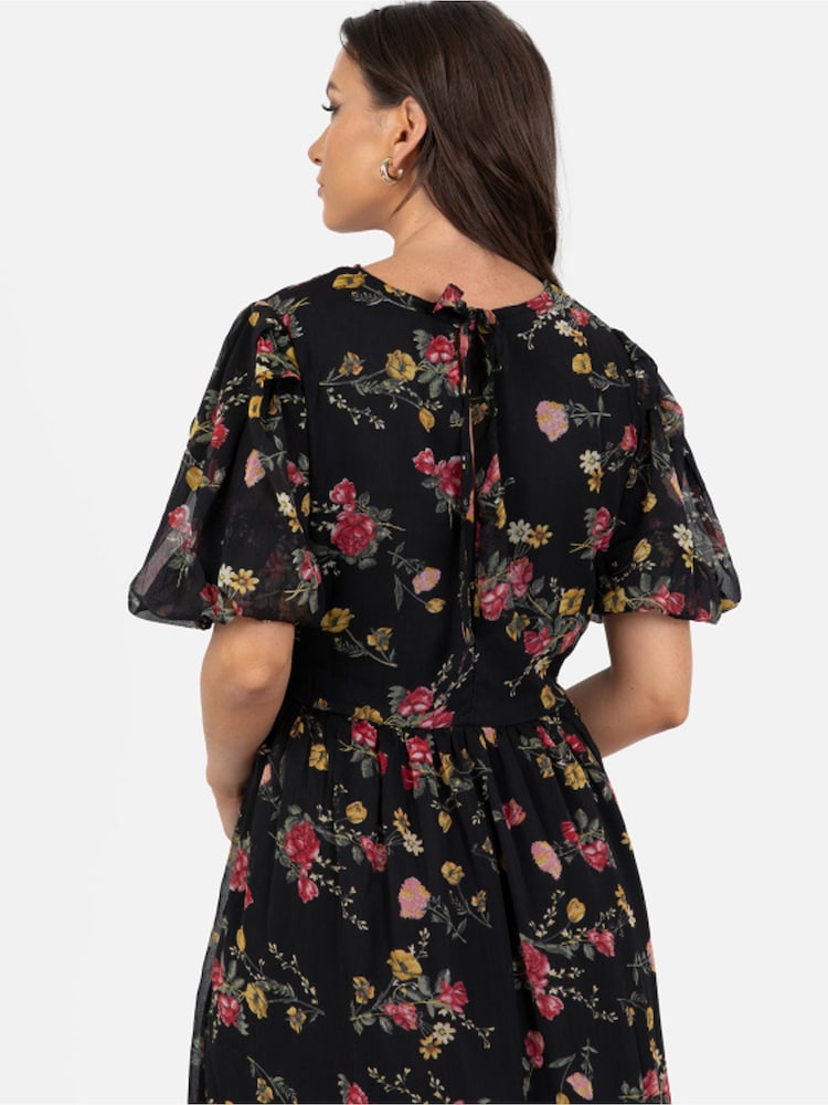 Lovedrobe Floral Print Puff Sleeve Black Midi Dress - Image 5 of 5
