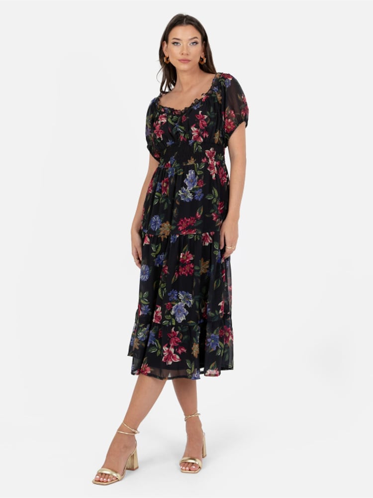 Lovedrobe Floral Print Sweetheart Neck Black Midi Dress - Image 1 of 4 Lovedrobe Floral Print Sweetheart Neck Black Midi Dress - Image 1 of 4