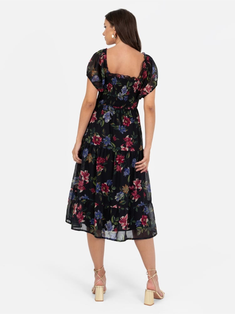 Lovedrobe Floral Print Sweetheart Neck Black Midi Dress - Image 2 of 4 Lovedrobe Floral Print Sweetheart Neck Black Midi Dress - Image 2 of 4