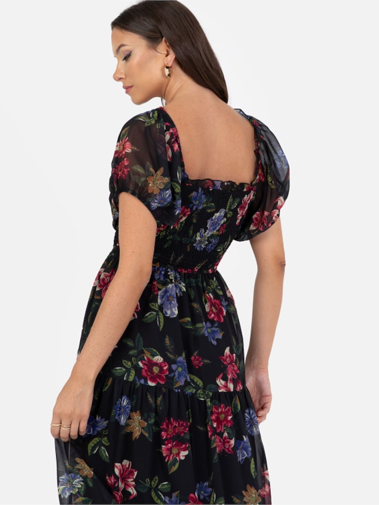 Lovedrobe Floral Print Sweetheart Neck Black Midi Dress - Image 4 of 4 Lovedrobe Floral Print Sweetheart Neck Black Midi Dress - Image 4 of 4