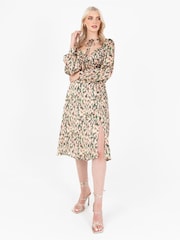 Lovedrobe Green Printed Twist Front Tie Neck Satin Midi Dress - Image 1 of 5