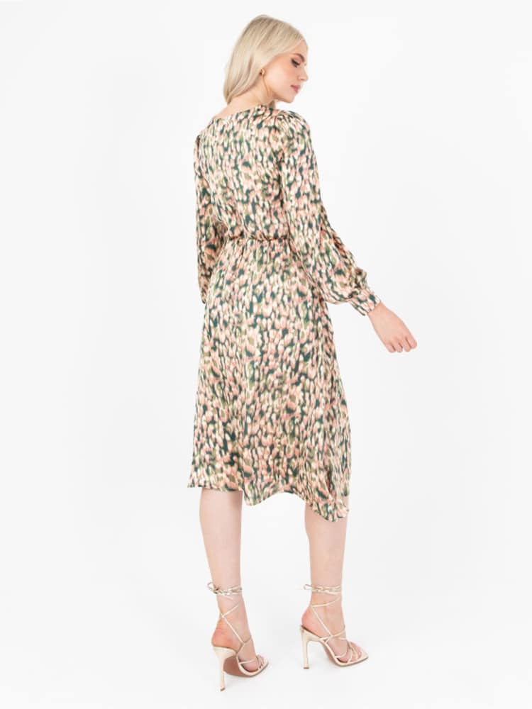 Lovedrobe Green Printed Twist Front Tie Neck Satin Midi Dress - Image 2 of 5