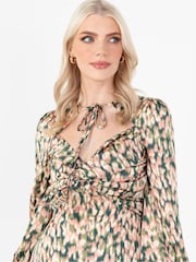 Lovedrobe Green Printed Twist Front Tie Neck Satin Midi Dress - Image 3 of 5