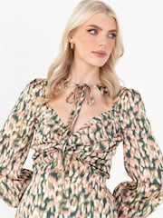 Lovedrobe Green Printed Twist Front Tie Neck Satin Midi Dress - Image 5 of 5