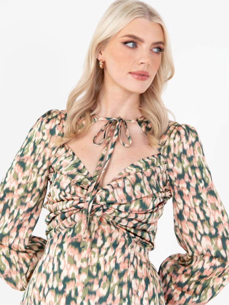 Lovedrobe Green Printed Twist Front Tie Neck Satin Midi Dress - Image 5 of 5