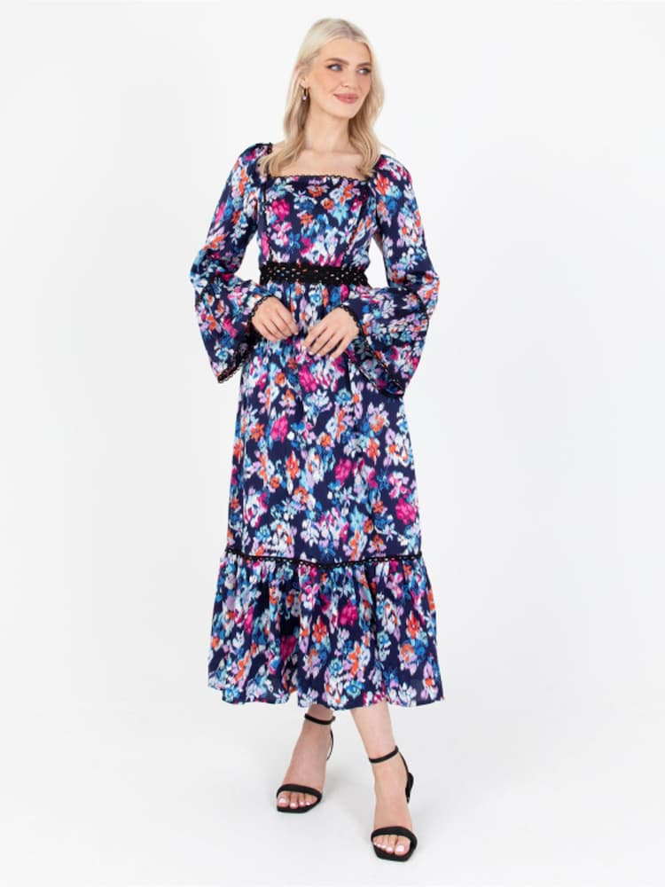 Lovedrobe Blue Print Lace Trimmed Satin Midaxi Dress - Image 1 of 5