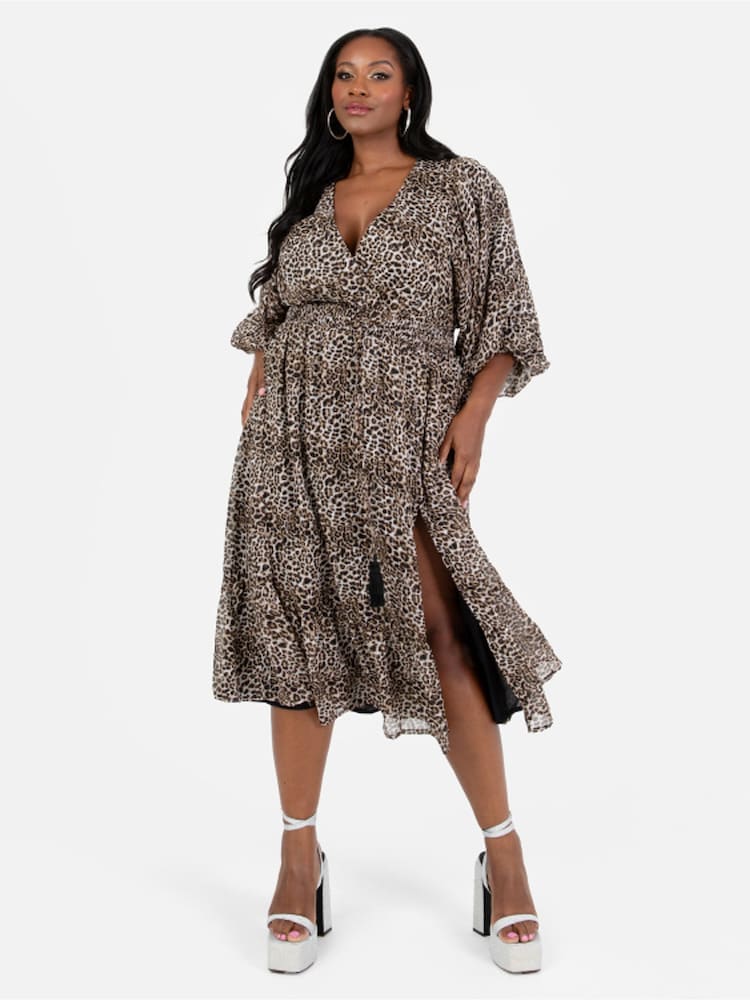Lovedrobe Animal Print Balloon Sleeve Midi Dress - Image 1 of 4