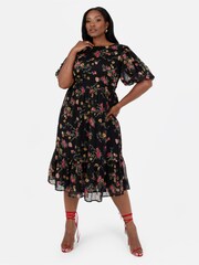 Lovedrobe Floral Print Puff Sleeve Black Midi Dress - Image 1 of 5