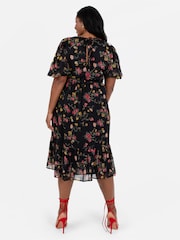 Lovedrobe Floral Print Puff Sleeve Black Midi Dress - Image 2 of 5