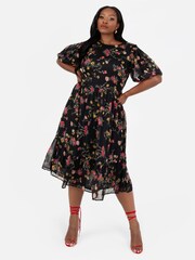 Lovedrobe Floral Print Puff Sleeve Black Midi Dress - Image 3 of 5