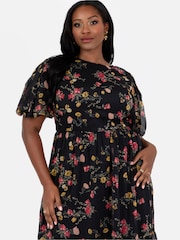 Lovedrobe Floral Print Puff Sleeve Black Midi Dress - Image 4 of 5