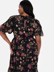 Lovedrobe Floral Print Puff Sleeve Black Midi Dress - Image 5 of 5