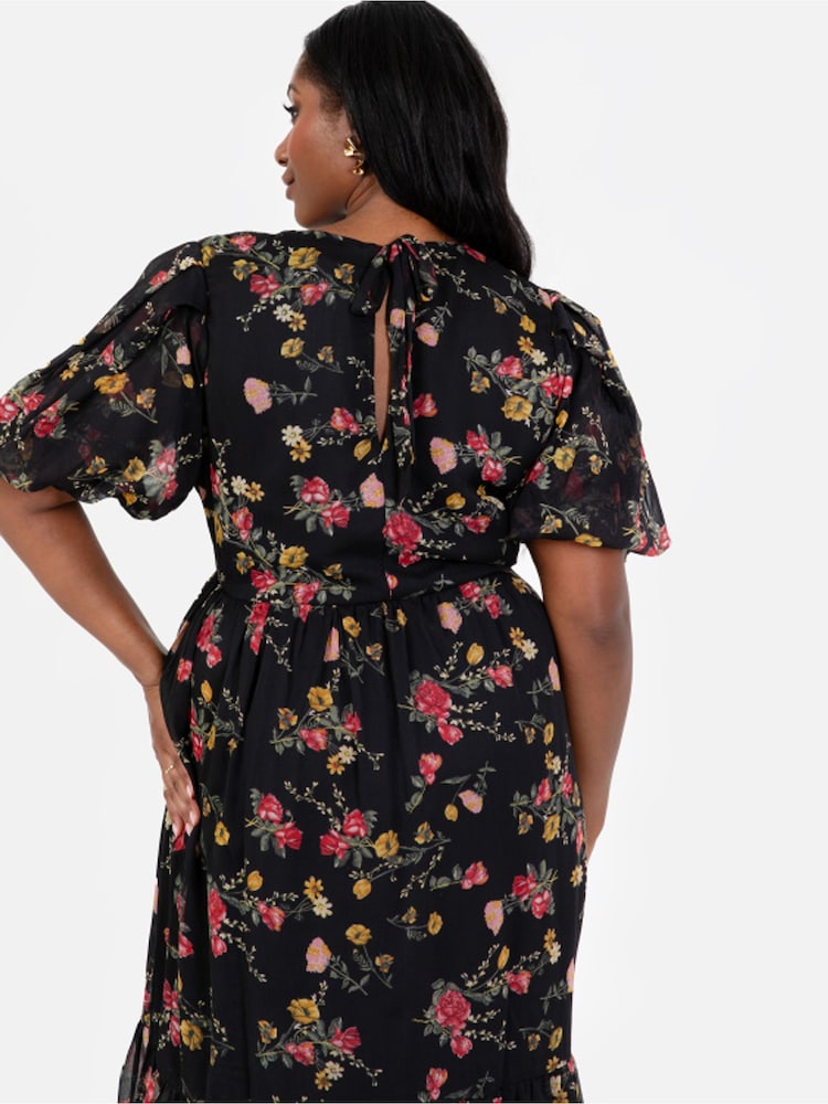 Lovedrobe Floral Print Puff Sleeve Black Midi Dress - Image 5 of 5