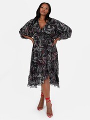Lovedrobe Printed Ruffle Detail Black Midi Dress - Image 1 of 5
