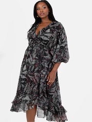 Lovedrobe Printed Ruffle Detail Black Midi Dress - Image 3 of 5