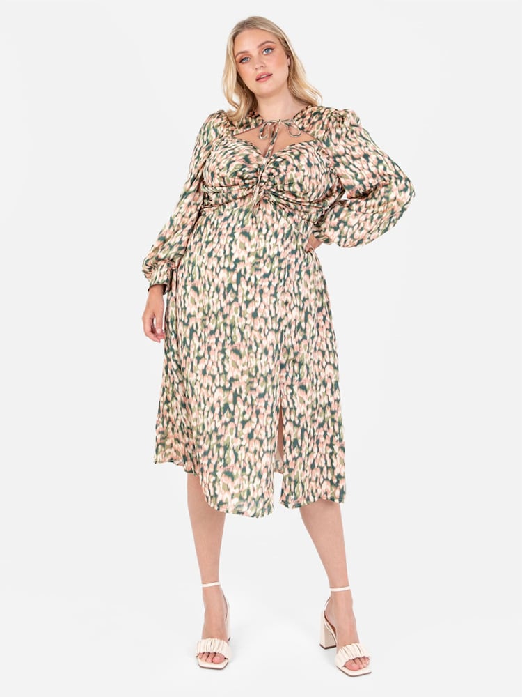 Lovedrobe Green Printed Twist Front Tie Neck Satin Midi Dress - Image 1 of 4