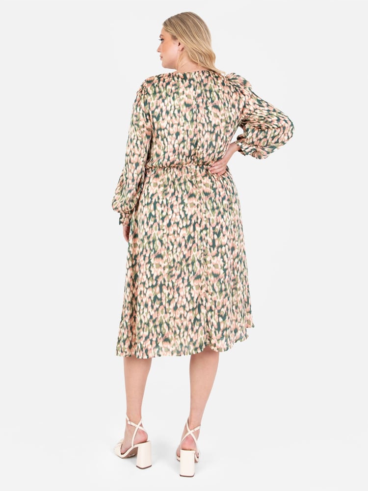Lovedrobe Green Printed Twist Front Tie Neck Satin Midi Dress - Image 2 of 4