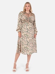 Lovedrobe Green Printed Twist Front Tie Neck Satin Midi Dress - Image 3 of 4