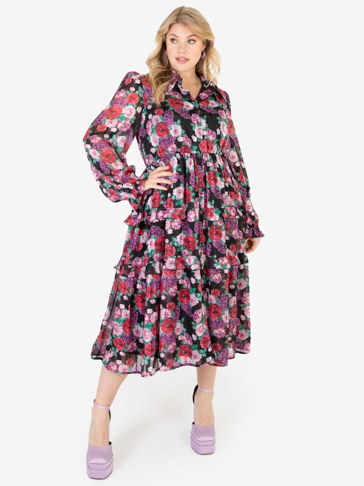 Lovedrobe Black Floral Long Sleeve Midi Shirt Dress - Image 1 of 4