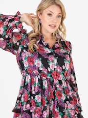 Lovedrobe Black Floral Long Sleeve Midi Shirt Dress - Image 3 of 4