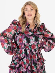 Lovedrobe Black Floral Long Sleeve Midi Shirt Dress - Image 4 of 4