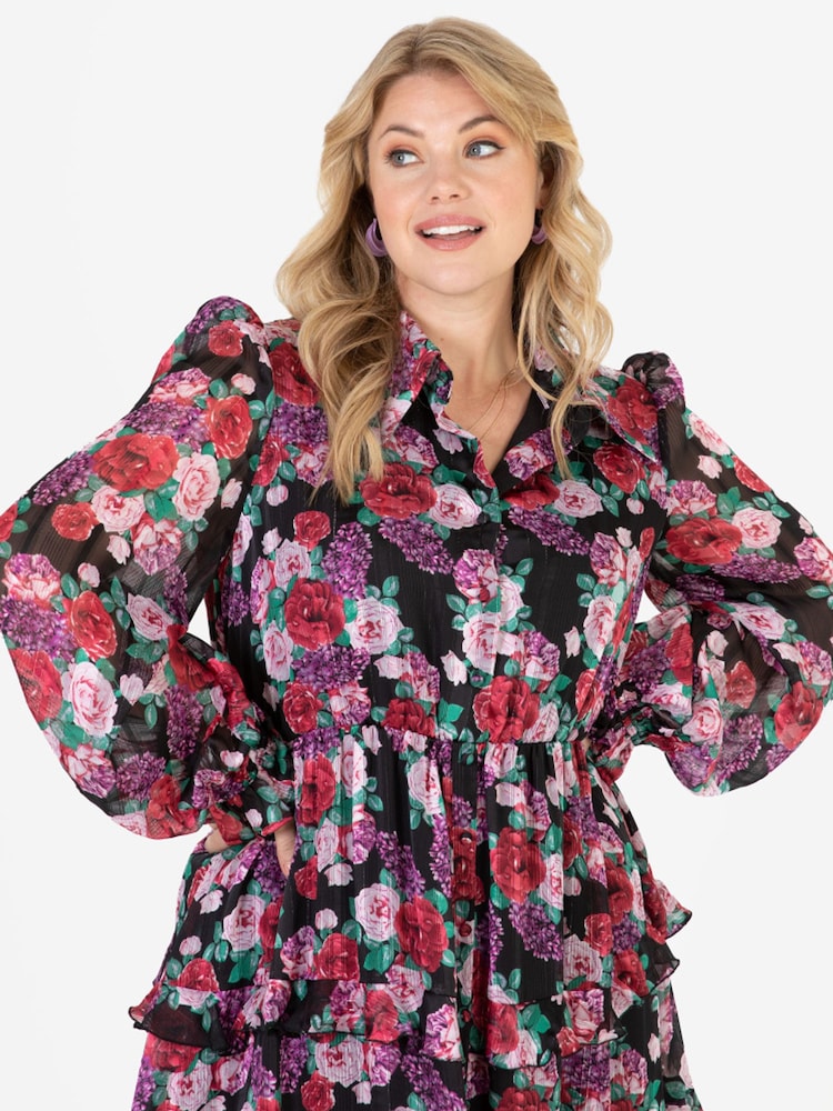 Lovedrobe Black Floral Long Sleeve Midi Shirt Dress - Image 4 of 4 Lovedrobe Black Floral Long Sleeve Midi Shirt Dress - Image 4 of 4