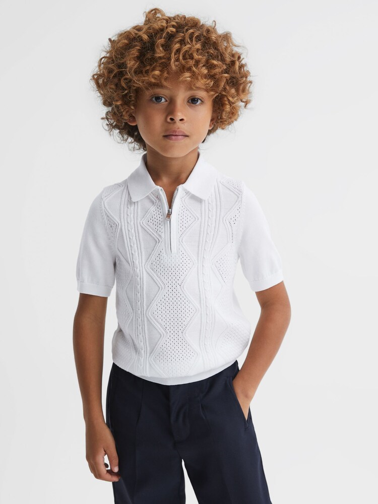 Reiss White Tropic 13-14 yrs Cotton Half-Zip Polo Shirt - Image 1 of 6
