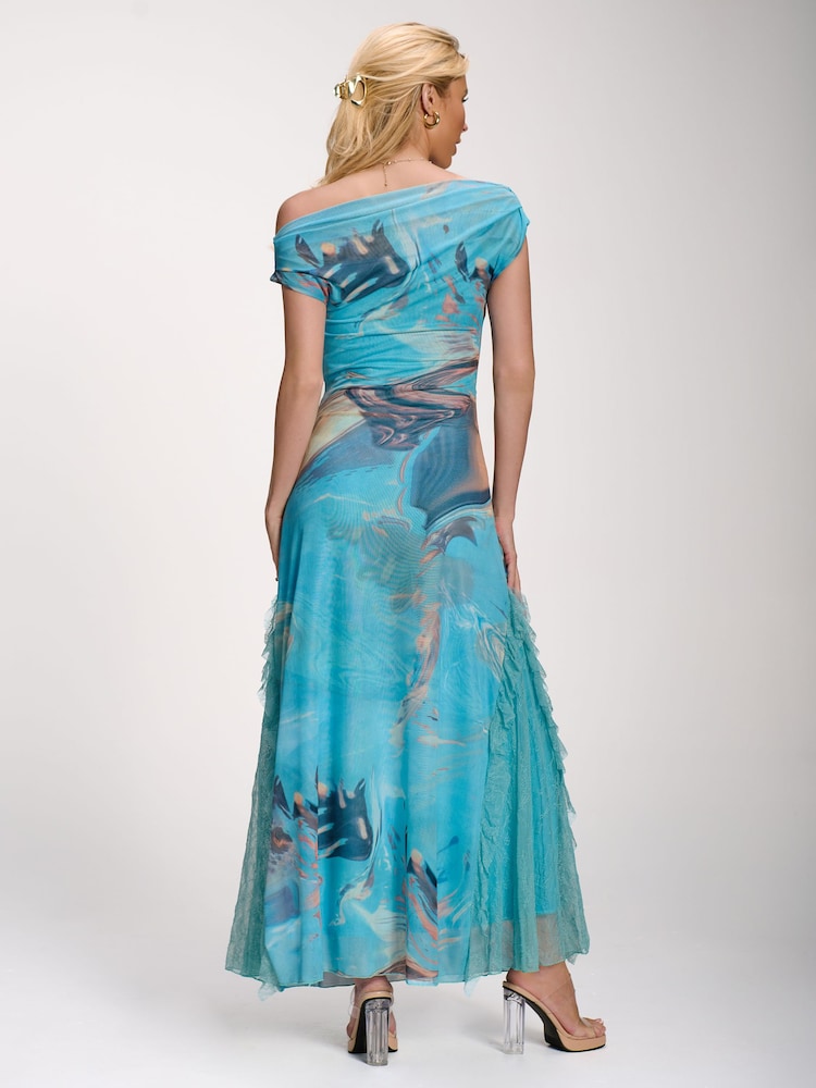 Jolie Moi Blue Lace Insert Ruched Mesh Maxi Dress - Image 2 of 6