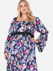 Lovedrobe Blue Print Lace Trimmed Satin Midaxi Dress - Image 3 of 5