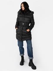 Lovedrobe Belted Padded Coat with Faux Fur Trim Hood - Image 1 of 5