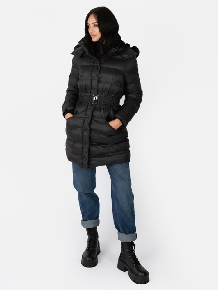 Lovedrobe Belted Padded Coat with Faux Fur Trim Hood - Image 1 of 5