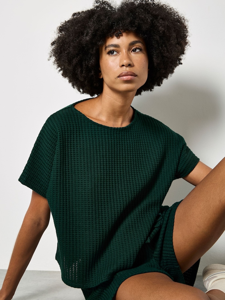 Apricot Green Waffle Knit Oversized Cotton T-Shirt - Image 5 of 5 Apricot Green Waffle Knit Oversized Cotton T-Shirt - Image 5 of 5