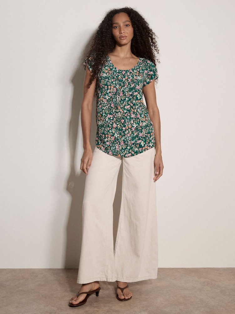 Apricot Green Ditsy Floral Print Top - Image 1 of 4