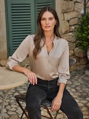 Pure Collection Brown Pure Silk Clean Relaxed Loose Fit Shirt - Image 1 of 3