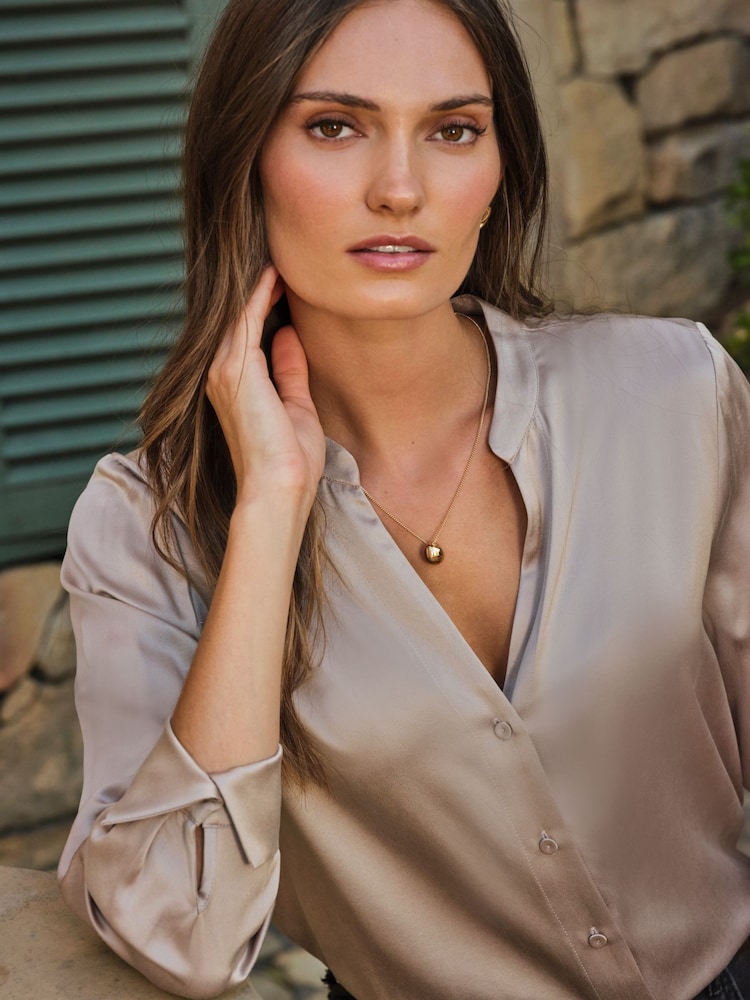 Pure Collection Brown Pure Silk Clean Relaxed Loose Fit Shirt - Image 3 of 3