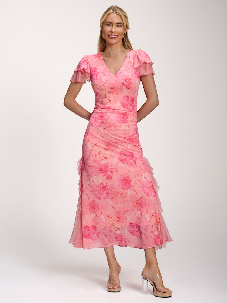 粉色 - Jolie Moi Lace Insert Mesh Midi Dress - 圖片 1/6